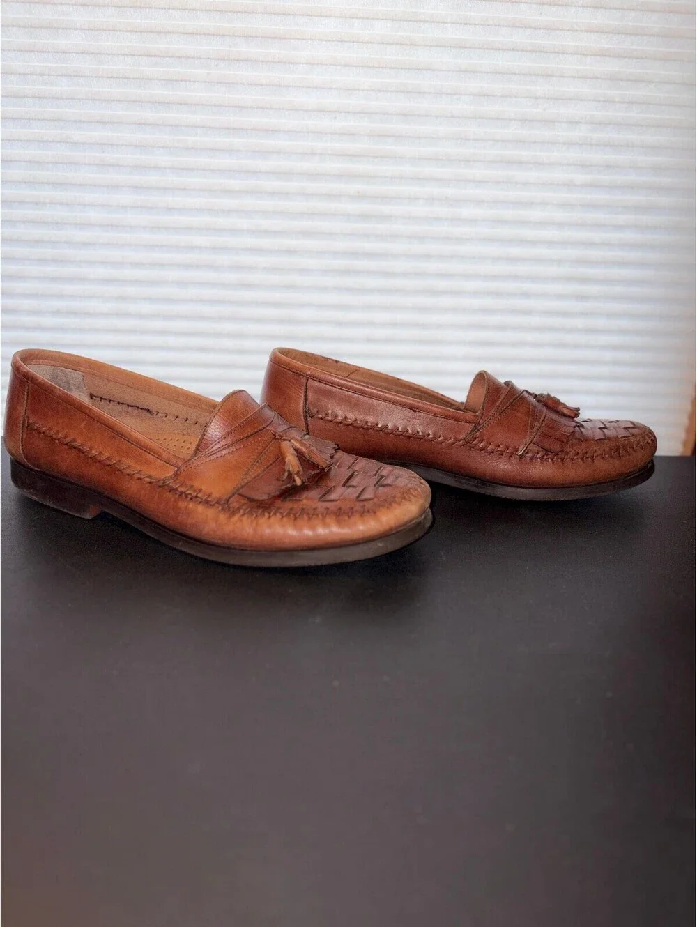 Vintage 90s Giorgio Brutini 13D Brown Woven Leather Kiltie Tassel Loafers 1286